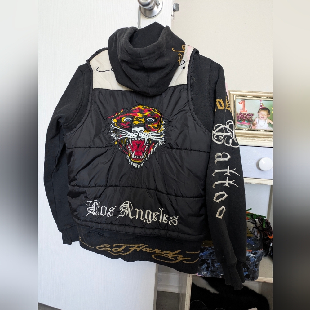 Ed Hardy Black and Cream Jacket with Tiger Embroidery